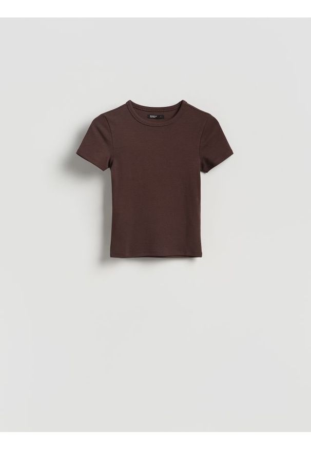 Reserved - T-shirt slim fit z modalem - ciemnobrązowy. Kolor: brązowy. Materiał: bawełna, dzianina