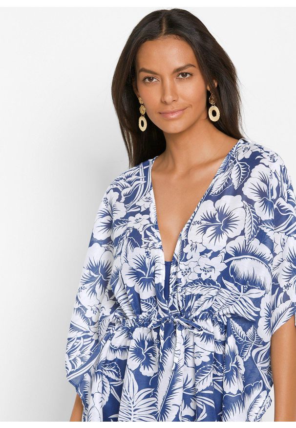 bonprix - Prześwitująca tunika plażowa. Okazja: na plażę. Typ kołnierza: dekolt w serek. Kolor: niebieski