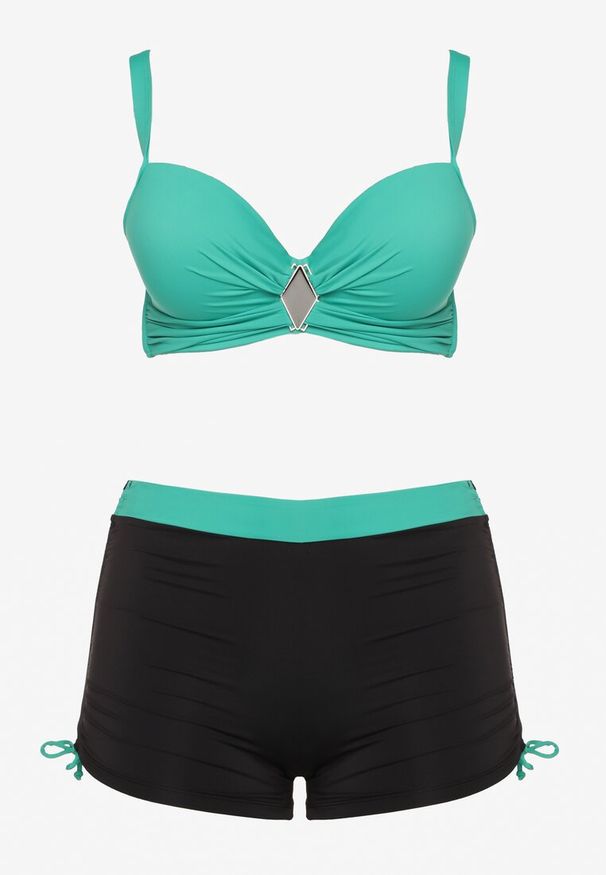 Born2be - Zielono-Czarne Bikini Biustonosz i Majtki ze Ściągaczami Ulonaniela. Kolekcja: plus size. Kolor: zielony. Wzór: aplikacja