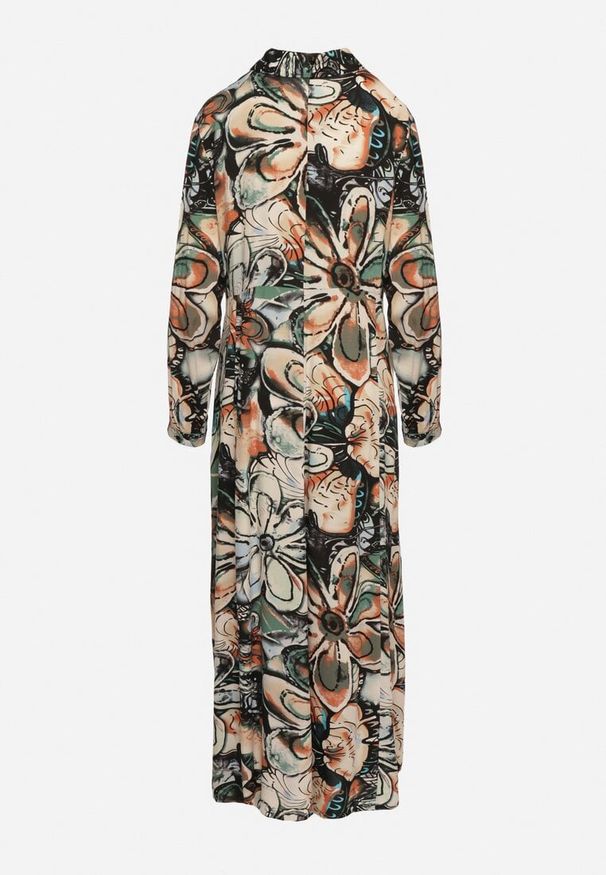 Born2be - Czarno-Beżowa Koszulowa Kwiatowa Sukienka z Wiskozy Ozdobiona Guzikami Enanoris. Okazja: na co dzień. Kolor: czarny. Materiał: wiskoza. Długość rękawa: długi rękaw. Wzór: aplikacja, kwiaty. Typ sukienki: koszulowe. Styl: casual, elegancki