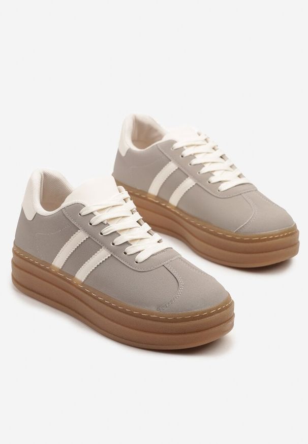 Born2be - Szare Sneakersy na Grubej Podeszwie z Ozdobnym Wzorem Felimala. Okazja: na co dzień. Kolor: szary. Materiał: jeans
