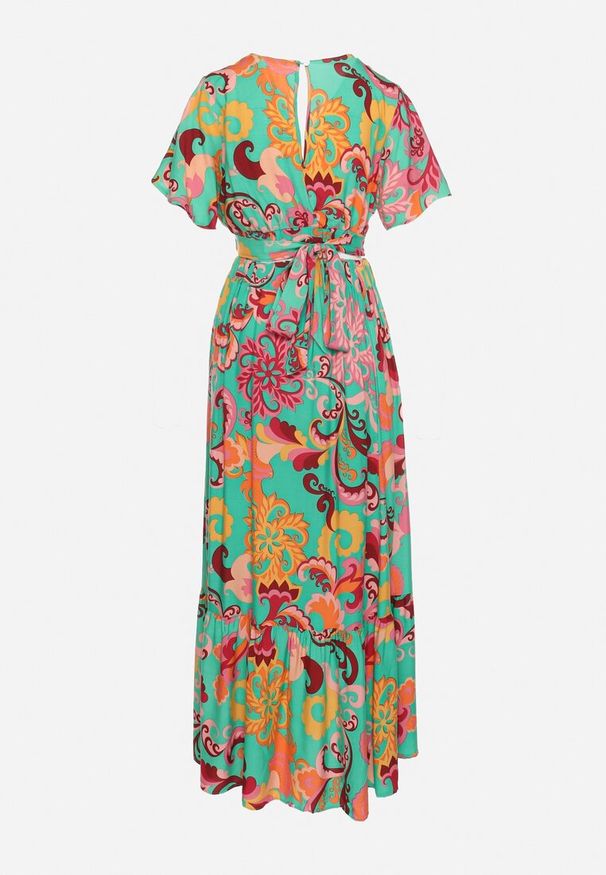 Born2be - Zielony Komplet Krótka Bluzka z Kopertowym Dekoltem Spódnica z Gumką w Pasie Binesta. Kolor: zielony. Materiał: materiał, jeans