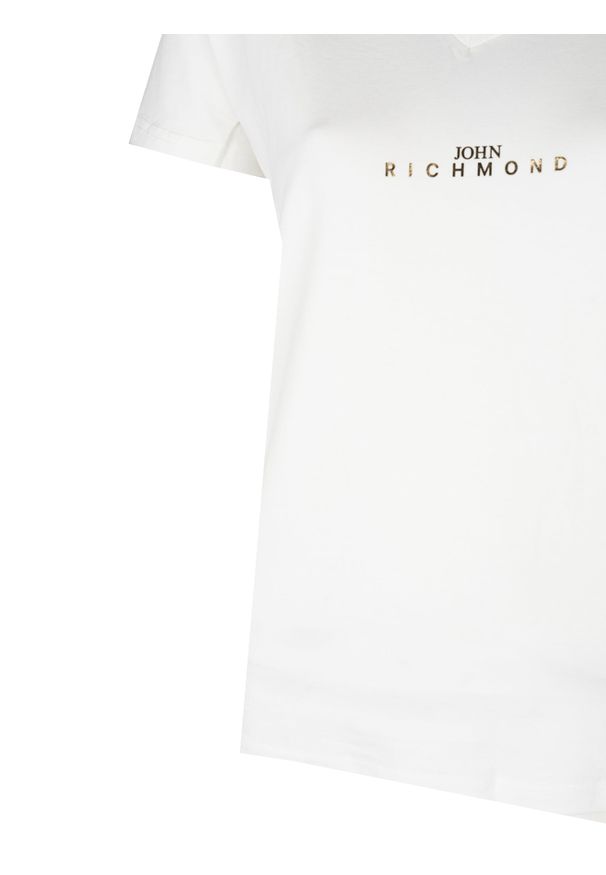 John Richmond T-shirt | HWP25045TS | Kobieta | Biały. Okazja: na co dzień. Typ kołnierza: dekolt w serek. Kolor: biały. Materiał: elastan, bawełna. Wzór: nadruk. Styl: casual, elegancki