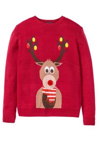 Sweter męski z bożonarodzeniowym motywem bonprix ciemnoczerwony. Kolor: czerwony #1