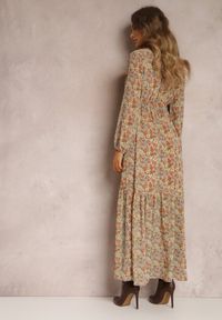 Renee - Beżowa Sukienka z Kopertowym Dekoltem i Gumką w Talii Behi. Kolor: beżowy. Materiał: tkanina. Typ sukienki: kopertowe