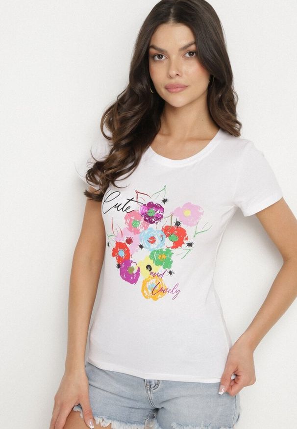 Born2be - Biało-Niebieski T-shirt z Bawełny z Ozdobnym Nadrukiem Zaromeira. Okazja: na co dzień. Kolor: biały. Materiał: bawełna. Wzór: nadruk. Styl: klasyczny, elegancki, casual