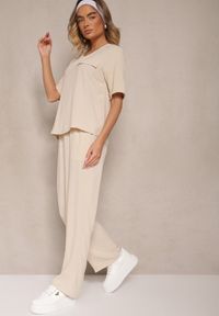 Renee - Jasnobeżowy Komplet w Stylu Oversize Utility Bluzka i Szerokie Spodnie Eviralitta. Kolor: beżowy