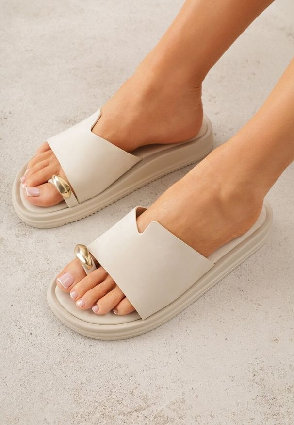 Renee - Beżowe Klapki Japonki Ozdobione Aplikacją na Palcu Noevianna. Okazja: na spacer, na co dzień. Kolor: beżowy. Materiał: jeans. Wzór: aplikacja. Sezon: wiosna, lato. Styl: casual