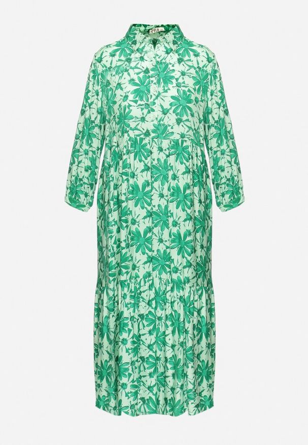 Born2be - Zielona Sukienka Maxi w Kwiatowy Wzór z Koszulową Górą Lithaia. Kolor: zielony. Długość rękawa: długi rękaw. Wzór: kwiaty. Sezon: wiosna, lato. Typ sukienki: koszulowe. Długość: maxi