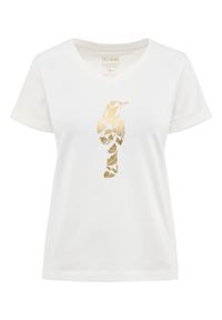 Ochnik - Biały t-shirt damski z ozdobną wilgą. Kolor: biały. Materiał: bawełna. Wzór: kwiaty. Styl: elegancki #3