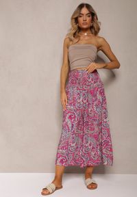 Renee - Fuksjowe Spodnie Culottes z Bawełnianej Tkaniny Ozdobione Wzorem Paisley Gwinamas. Okazja: do pracy. Kolor: różowy. Materiał: bawełna, tkanina. Wzór: paisley, aplikacja #3