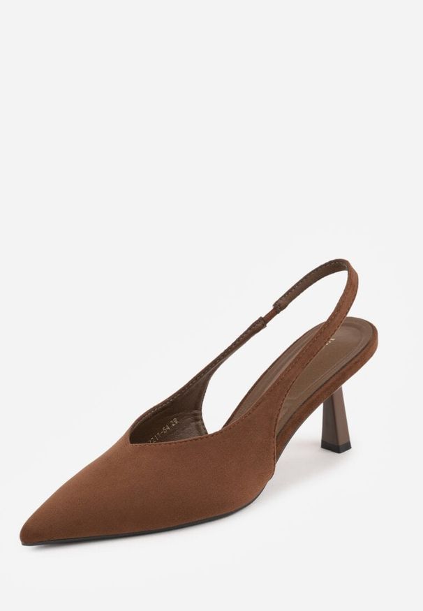 Renee - Ciemnobrązowe Czółenka VICES Typu Slingback na Geometrycznej Szpilce Aziressa. Kolor: brązowy. Wzór: geometria. Obcas: na obcasie. Styl: elegancki. Wysokość obcasa: średni