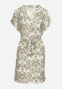 Born2be - Biało-Zielona Pudełkowa Sukienka z Wiązaniem w Talii w Abstrakcyjny Wzór Namsioli. Okazja: do pracy. Kolor: biały. Materiał: jeans #6