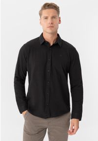 Volcano - Miękka koszula, Slim Fit, K-STERRY. Okazja: na co dzień. Typ kołnierza: kołnierzyk klasyczny. Kolor: czarny. Materiał: materiał, bawełna, jeans, elastan. Długość rękawa: długi rękaw. Długość: długie. Styl: klasyczny, casual, elegancki #1