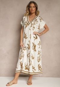 Renee - Brązowo-Beżowa Pudełkowa Sukienka z Wiskozą i Lnem Sadeone. Okazja: na co dzień. Kolor: brązowy. Materiał: wiskoza, len. Styl: casual, elegancki #4