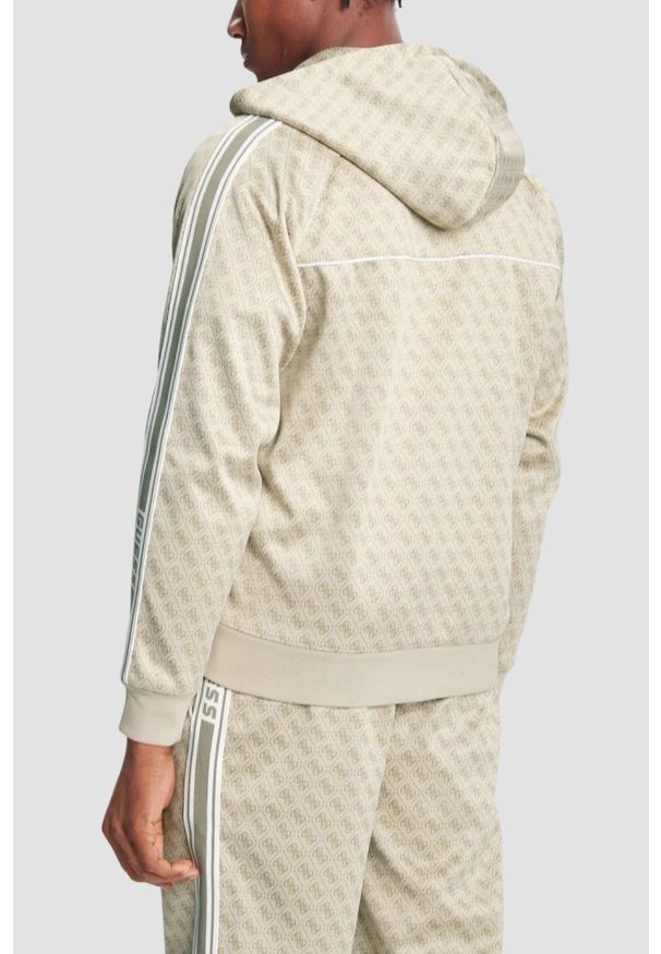 Guess - GUESS Zielona rozpinana męska bluza w monogram z lampasami i kapturem Parimo 4G, Rozmiar S. Okazja: na co dzień. Kolor: zielony. Styl: elegancki, casual, sportowy