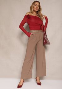Renee - Brązowe Garniturowe Spodnie High Waist z Gumką i Dodatkowym Paskiem w Talii Mattine. Stan: podwyższony. Kolor: brązowy. Materiał: dzianina