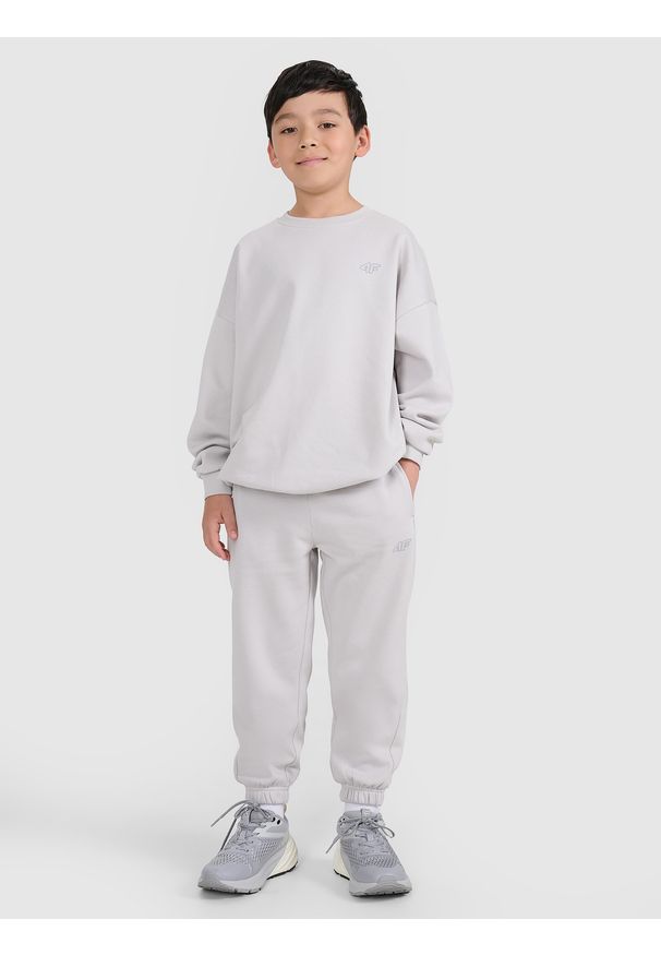 4f - 4F Komplet dresowy dziecięcy - szary 122/128 (6-8 lat). Okazja: na co dzień. Typ kołnierza: bez kaptura. Kolor: szary. Materiał: dresówka. Długość: długie. Wzór: gładki, ze splotem. Sezon: lato. Styl: młodzieżowy, klasyczny, casual, sportowy