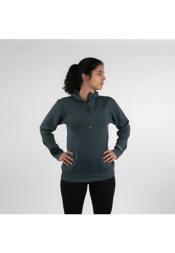 KIPRUN - Bluza do biegania damska Kiprun Run 500 Warm ocieplana. Kolor: zielony. Materiał: poliester, bawełna, elastan, lyocell, materiał. Sport: bieganie