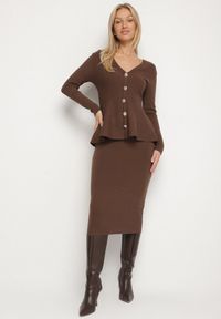 Born2be - Brązowy Elegancki Komplet z Dzianiny z Wiskozą Kardigan i Spódnica Uneva. Kolor: brązowy. Materiał: wiskoza, dzianina