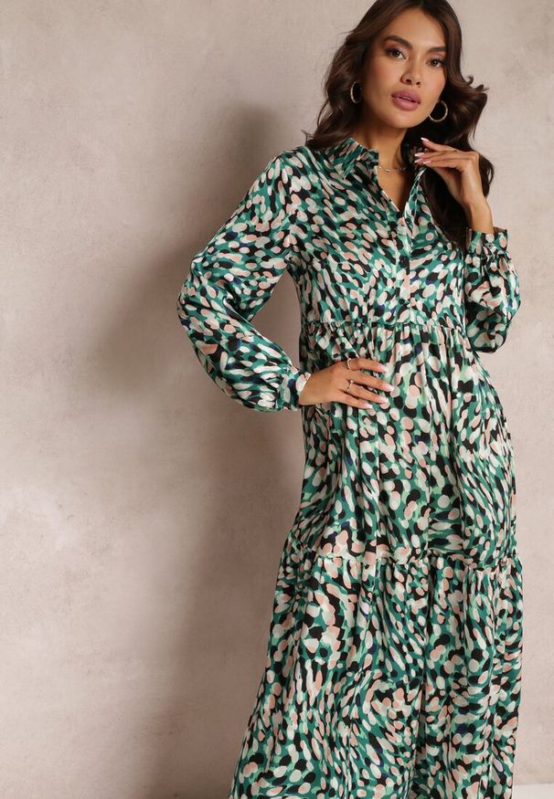 Renee - Zielona Rozkloszowana Sukienka Koszulowa w Fantazyjny Print Alendia. Kolor: zielony. Wzór: nadruk. Typ sukienki: koszulowe