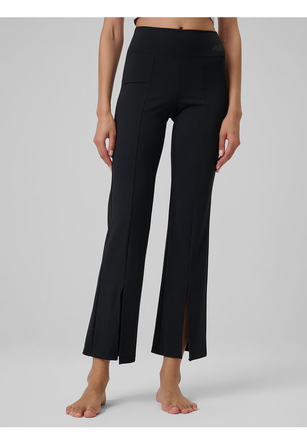 4f - 4F Legginsy do jogi z rozszerzanymi nogawkami damskie - czarne S. Stan: podwyższony. Kolor: czarny. Materiał: skóra, materiał. Długość: długie. Sport: joga i pilates