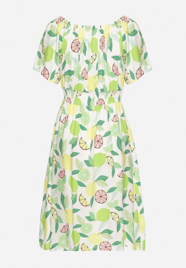Born2be - Zielona Sukienka Hiszpanka z Bawełną i Motywem Cytrusów Avfila. Okazja: na co dzień. Typ kołnierza: dekolt hiszpanka. Kolor: zielony. Materiał: bawełna. Sezon: lato. Styl: casual, elegancki