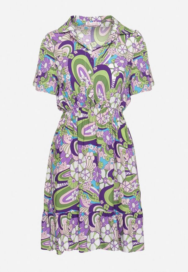 Born2be - Fioletowa Sukienka z Bawełny o Koszulowym Fasonie w Kwiatowo Abstrakcyjny Wzór Edlana. Typ kołnierza: dekolt w kształcie V. Kolor: fioletowy. Materiał: bawełna. Wzór: kwiaty. Typ sukienki: koszulowe. Styl: elegancki