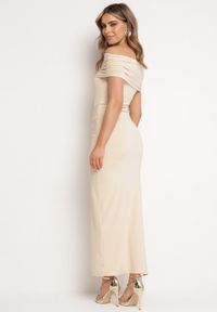 Born2be - Beżowa Sukienka z Wywiniętym Hiszpańskim Dekoltem o Dopasowanym Fasonie Piremia. Okazja: na co dzień. Kolor: beżowy. Materiał: tkanina, skóra. Długość rękawa: bez rękawów. Sezon: lato. Typ sukienki: dopasowane, proste. Styl: casual, klasyczny #5