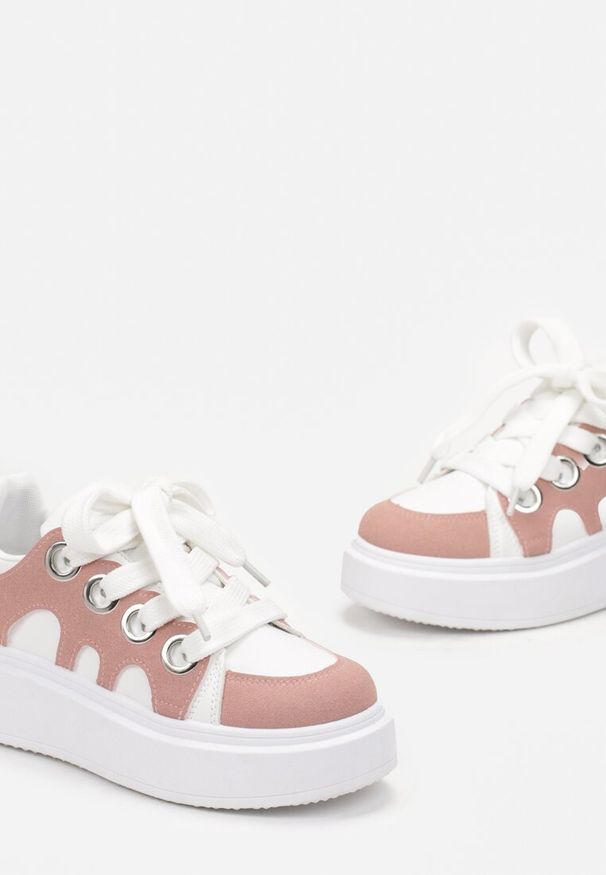Renee - Biało-Różowe Sneakersy na Platformie Schiltes. Nosek buta: okrągły. Zapięcie: sznurówki. Kolor: różowy. Materiał: materiał, jeans. Sezon: jesień, wiosna. Obcas: na platformie. Wysokość obcasa: niski