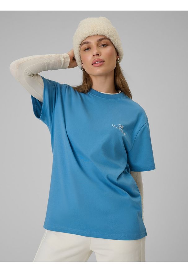 4f - 4F T-shirt loose z nadrukiem damski - granatowy L. Okazja: na co dzień, do domu. Kolor: niebieski. Materiał: skóra, dzianina, bawełna, materiał. Wzór: nadruk. Styl: casual