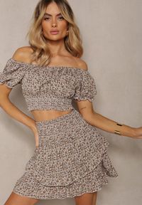 Renee - Beżowy Komplet w Kwiaty 2-Częściowy Top w Stylu Hiszpanki i Spódnica z Falbanką Crispa. Kolor: beżowy. Materiał: materiał. Wzór: kwiaty #4