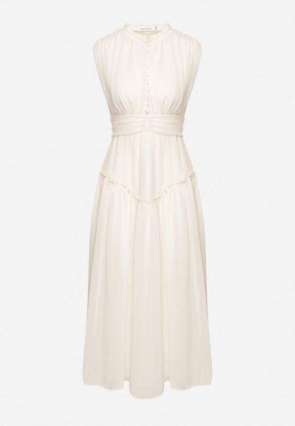 Born2be - Jasnobeżowa Sukienka Długa Rozkloszowana z Powlekanymi Guzikami Ingridesa. Kolor: beżowy. Długość: maxi