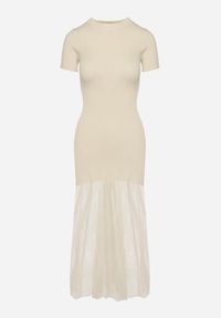 Born2be - Beżowa Prążkowana Sukienka z Koronkowym Dołem Vilzedi. Kolor: beżowy. Materiał: prążkowany, koronka. Typ sukienki: proste. Styl: glamour, elegancki #2