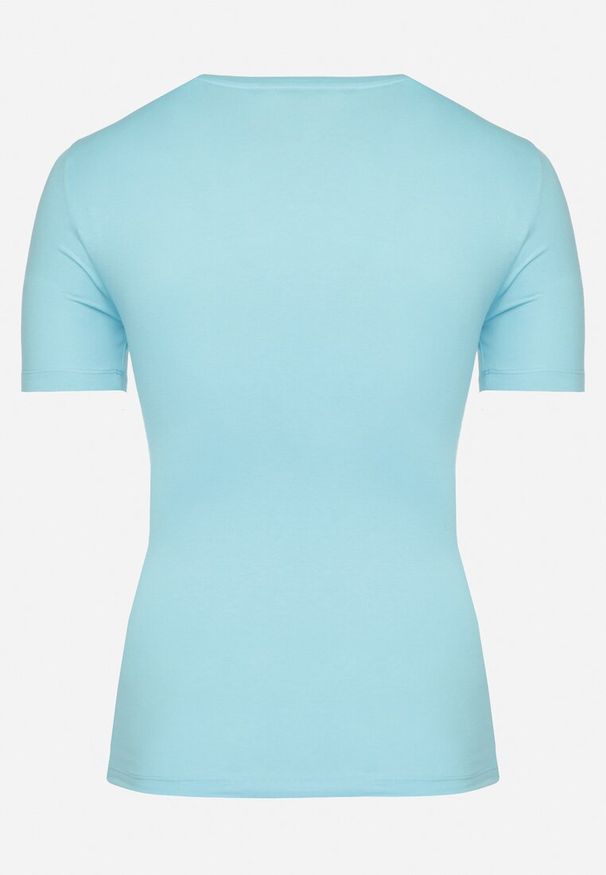 Born2be - Jasnoniebieski Bawełniany T-shirt Koszulka z Krótkim Rękawem Ozdobiona Nadrukiem i Cyrkoniami Codara. Okazja: na co dzień. Kolekcja: plus size. Kolor: niebieski. Materiał: bawełna. Długość rękawa: krótki rękaw. Długość: krótkie. Wzór: aplikacja, nadruk. Styl: casual