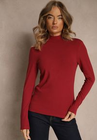 Renee - Bordowa Casualowa Bluzka z Golfem Longsleeve Ralaia. Okazja: na co dzień. Typ kołnierza: golf. Kolor: czerwony. Materiał: jeans. Długość rękawa: długi rękaw. Styl: casual #4
