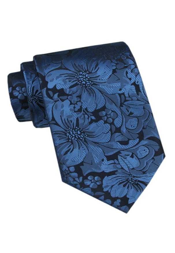 Chattier - Klasyczny, Szeroki Krawat Męski CHATTIER - Granatowe Kwiaty. Kolor: niebieski. Materiał: tkanina. Wzór: kwiaty. Styl: klasyczny