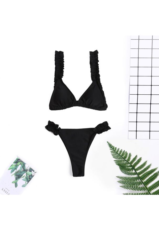 Intica - Bikini trójkątne z falbanką na plażę Mikyung. Kolor: czarny. Materiał: materiał