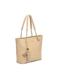 Kazar - Beżowa skórzana torebka na ramię w tłoczony wzór kroko. Kolor: beżowy. Materiał: skórzane, z tłoczeniem. Styl: elegancki. Rodzaj torebki: na ramię #5