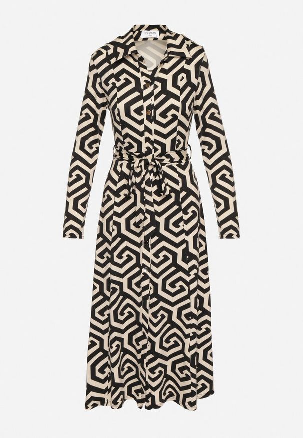 Born2be - Czarna Koszulowa Sukienka z Wiskozą Paskiem i Geometrycznym Motywem Erislevia. Okazja: na spacer, na co dzień. Typ kołnierza: dekolt w kształcie V. Kolor: czarny. Materiał: wiskoza. Długość rękawa: długi rękaw. Wzór: geometria. Typ sukienki: koszulowe. Styl: klasyczny, casual, elegancki