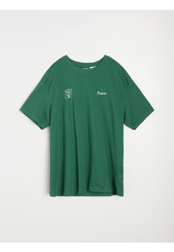 Sinsay - Bawełniana koszulka z napisem Picasso - zielony. Kolor: zielony. Materiał: bawełna. Wzór: napisy