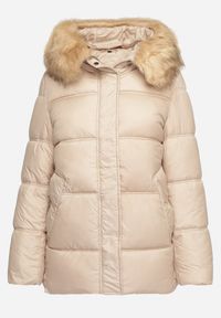 Born2be - Jasnobeżowa Pikowana Kurtka Zimowa z Kieszeniami i Kapturem z Odpinanym Kołnierzem Ilisha. Okazja: na co dzień, na spacer. Kolor: beżowy. Materiał: dzianina, wełna, jeans, futro. Sezon: zima. Styl: casual, elegancki #4