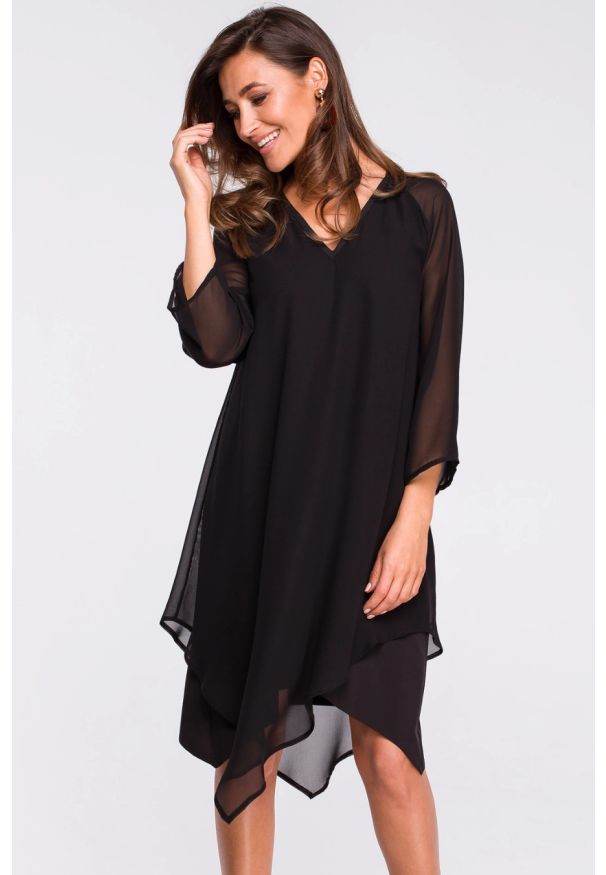 Stylove - Sukienka wieczorowa oversize szyfonowa asymetryczna czarna. Okazja: na randkę. Kolor: czarny. Materiał: szyfon. Typ sukienki: asymetryczne, oversize. Styl: wizytowy