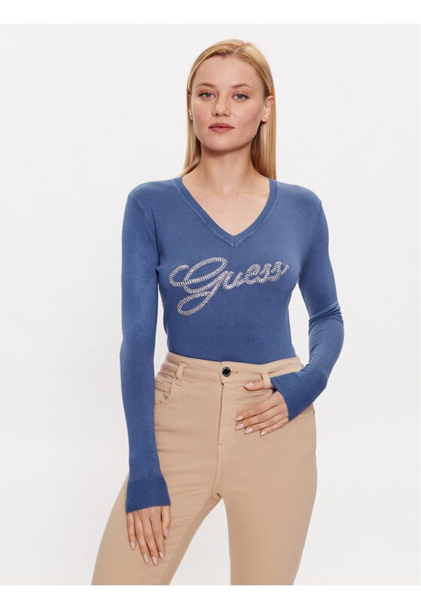 Guess Sweter W3YR21 Z2NQ2 Niebieski Slim Fit. Kolor: niebieski. Materiał: wiskoza