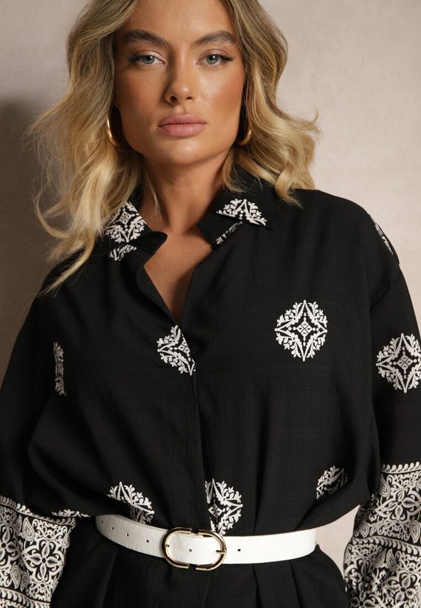 Renee - Czarna Sukienka z Wiskozy w Abstrakcyjny Wzór Nalalith. Okazja: na co dzień. Kolor: czarny. Materiał: wiskoza. Typ sukienki: proste. Styl: klasyczny, casual