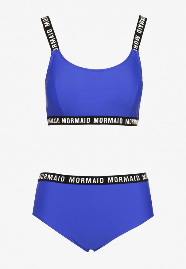 Renee - Niebieskie Bikini Majtki Typu Figi i Sportowa Góra Ozdobione Napisami Nevoneira. Kolor: niebieski. Wzór: napisy, aplikacja