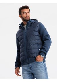 Ombre Clothing - Pikowana kurtka męska bomberka z wysokim kołnierzem – granatowa V2 - Rozmiar: L. Typ kołnierza: kołnierzyk stójkowy. Kolor: niebieski. Materiał: materiał, syntetyk, guma, poliester. Wzór: aplikacja. Styl: sportowy #1