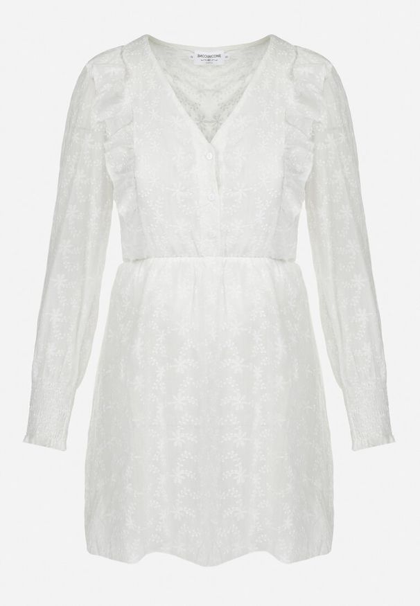 Born2be - Biała Haftowana Sukienka z Gumką w Pasie i Trójkątnym Dekoltem Rinolusia. Kolor: biały. Materiał: bawełna, tkanina. Wzór: haft