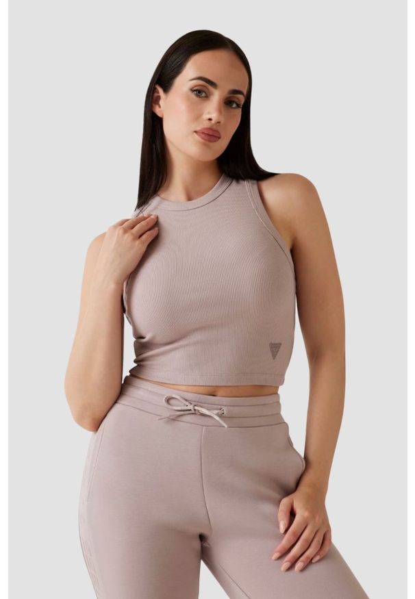 Guess - GUESS Różowy damski tank top prążkowany Edie, Rozmiar L. Okazja: na co dzień. Kolor: różowy. Materiał: prążkowany. Styl: casual