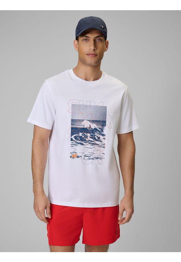 4f - 4F T-shirt regular z nadrukiem męski - biały S. Okazja: na co dzień. Kolor: biały. Materiał: jeans, bawełna, dresówka, dzianina. Wzór: nadruk. Styl: klasyczny, casual